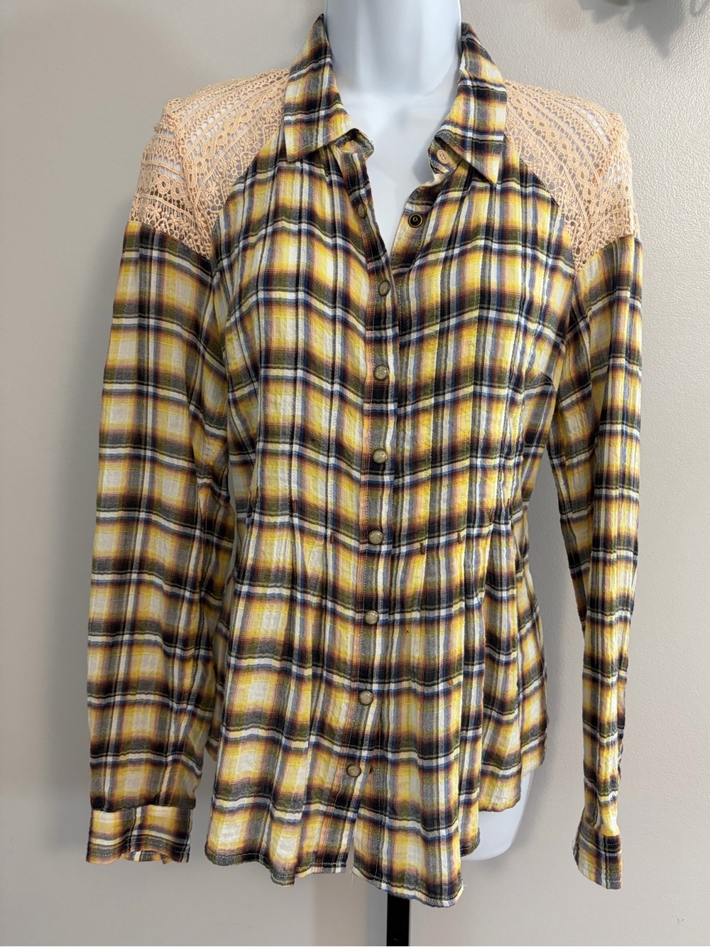 NWOT Free People Yellow Plaid Pearl Snap-Down with Cream Lace Yoke